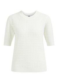 Pull en maille blanc à manches courtes avec un motif géométrique texturé, col rond côtelé, poignets et ourlet.