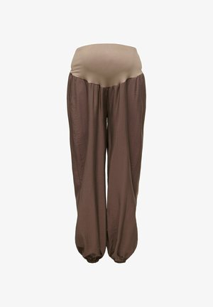 Løse brune graviditetsbukser med elastiske mansjetter og en bred, stretchbar beige midjebånd for støtte til magen.