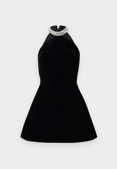 Black sleeveless halter dress with a flared skirt and a jeweled collar detail at the neckline.