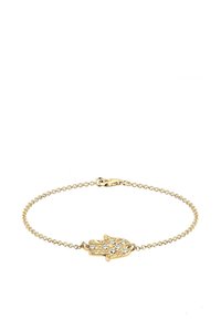 Goldene Kettenarmband mit einem handförmigen Anhänger, der mit funkelnden Strasssteinen verziert ist, und zeigt filigrane Details sowie einen Karabinerverschluss.
