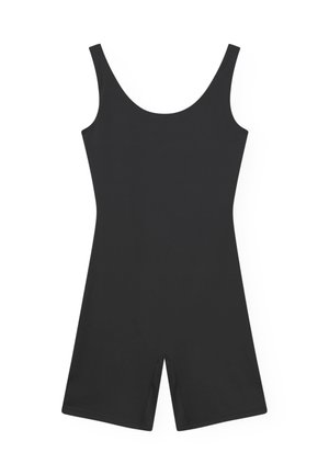 Tuta corta aderente nera senza maniche, con scollo a U e gambe di lunghezza corta, distesa su uno sfondo bianco.
