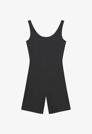 Tuta corta aderente nera senza maniche, con scollo a U e gambe di lunghezza corta, distesa su uno sfondo bianco.