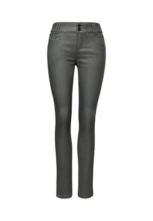 Graue Skinny-Jeans mit glatter Textur, ausgestattet mit einem Knopfverschluss, Gürtelschlaufen und vorderen Taschen. Entworfen für eine figurbetonte Silhouette.
