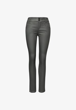 Šedé slim džíny s hladkou texturou, vybavené zapínáním na knoflík, poutky na opasek a předními kapsami. Navrženy pro přiléhavý siluetu.