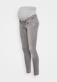 Jeans de maternidad grises con un panel de barriguita elástico, ajuste slim y textura de denim clásica. Presenta cinco bolsillos y detalles de costura sutiles.