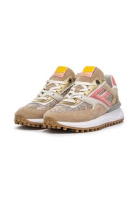 Beige sneakers with textured suede, metallic gold accents, pink detailing, and white laces. Features durable rubber sole with patterned tread.