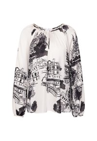 Blusa bianca a maniche lunghe con stampa in stile schizzo di un paesaggio urbano nero e scollatura arricciata.