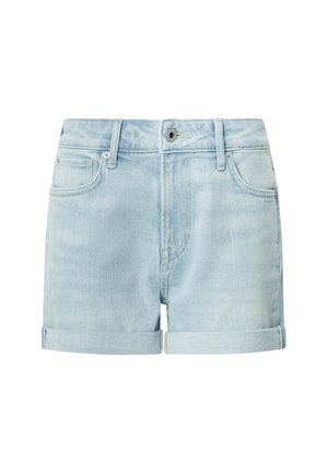 Shorts en denim bleu clair avec un ourlet roulé, fermeture à bouton et cinq poches. Le tissu présente une texture uniformément délavée.