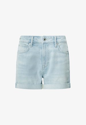 Light blue denim shorts with a rolled hem, button closure, and five pockets. The fabric shows a uniform faded texture.