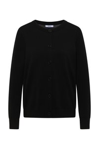 Cardigan noir à manches longues avec boutons, col rond et poignets côtelés, étiquette "Cecil" à l'intérieur du col.