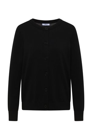 Cardigan noir à manches longues avec boutons, col rond et poignets côtelés, étiquette "Cecil" à l'intérieur du col.