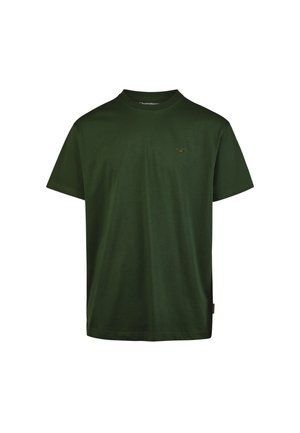 Dark green T-shirt made of soft cotton, featuring a crew neckline and a small beige logo on the chest. Short sleeves and relaxed fit.