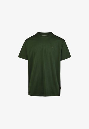 Dark green T-shirt made of soft cotton, featuring a crew neckline and a small beige logo on the chest. Short sleeves and relaxed fit.