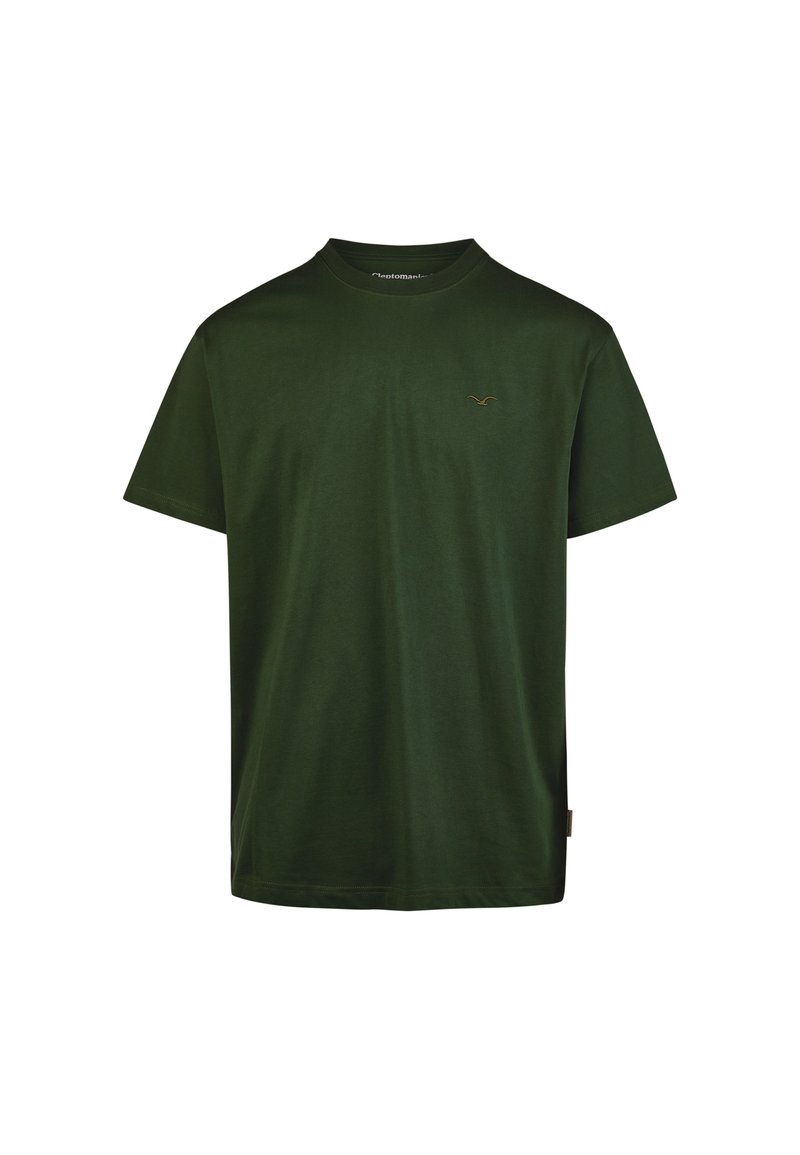 Dunkelgrünes T-Shirt aus weicher Baumwolle, mit Rundhalsausschnitt und einem kleinen beigen Logo auf der Brust. Kurze Ärmel und lockere Passform.