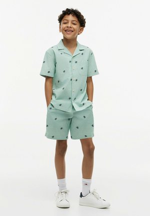 Dreng smilende, iført let grøn kortærmet skjorte med knapper og matchende shorts med sorte bi-mønstre, hvide sokker og hvide sneakers.