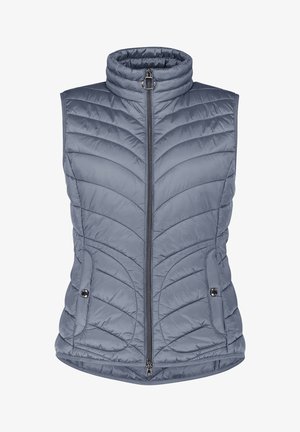 Veste matelassée grise rembourrée avec col montant, fermeture éclair avant et poches latérales avec accents ronds noirs. Texture lisse, design léger.