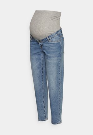Graviditetsjeans med en strækbar grå taljebånd og klassisk blå denim materiale. Design med lige ben og standard fem-lomme detaljer.