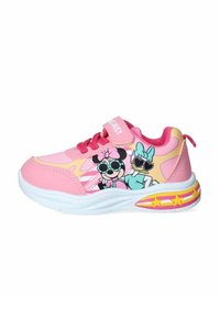 Sneakers per bambini rosa con tomaia in tessuto a rete e sintetico, personaggi dei cartoni animati e suola bianca con accenti di stelle colorate. Chiusura con strap in velcro.