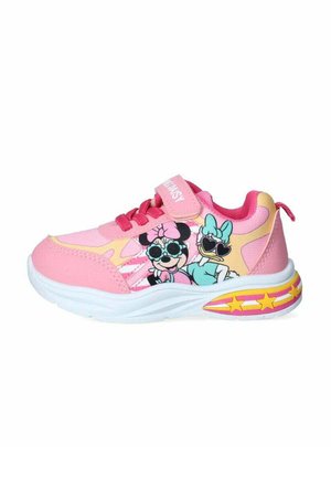 Sneakers per bambini rosa con tomaia in tessuto a rete e sintetico, personaggi dei cartoni animati e suola bianca con accenti di stelle colorate. Chiusura con strap in velcro.
