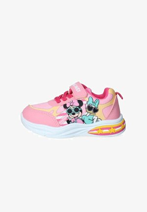 Sneakers per bambini rosa con tomaia in tessuto a rete e sintetico, personaggi dei cartoni animati e suola bianca con accenti di stelle colorate. Chiusura con strap in velcro.