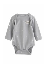 Harmaa pitkähihainen vauvan bodysuiitti, joka on valmistettu pehmeästä puuvillasta. Bodysuitissa on kermavärinen kivi-kuvio ja kaula-aukossa on brodeerattu teksti "pikkuinen".