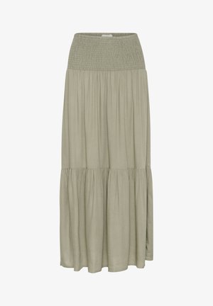 Garšīgs, plūstošs svārku komplekts gaiši olīvu zaļā krāsā. Tam ir smocked jostasvieta un slāņota dizaina ar maigu, teksturētu audumu.