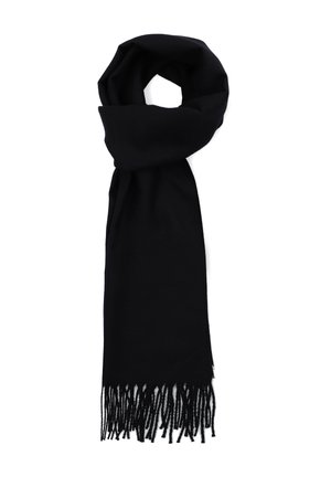 Czarny szalik wykonany z miękkiego materiału, z frędzlami na końcach. Jest długi i prostokątny w kształcie, o gładkiej teksturze na całej powierzchni.