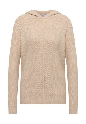 Beige hupparipusero, valmistettu teksturoidusta neuloskankaasta. Siinä on pitkät hihat ja rento istuvuus, ilman näkyviä kuvioita tai tarvikkeita.