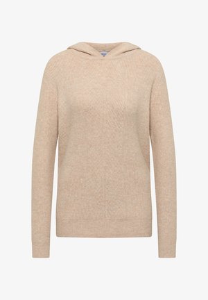 Beige hupparipusero, valmistettu teksturoidusta neuloskankaasta. Siinä on pitkät hihat ja rento istuvuus, ilman näkyviä kuvioita tai tarvikkeita.