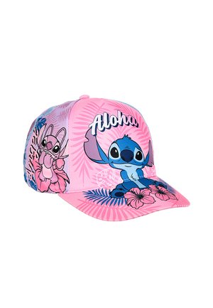 Pink baseball cap featuring blue and pink cartoon character Stitch, "Aloha" text, and tropical flowers and leaves design.