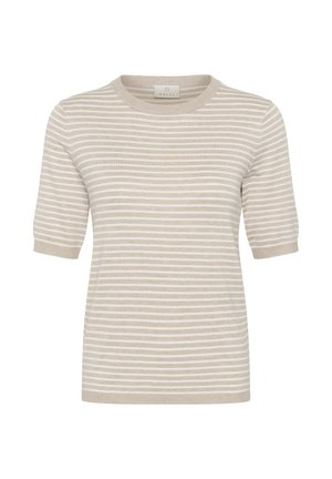 Haut en maille à manches courtes, rayé horizontalement beige et blanc, avec col rond et poignets côtelés, de la marque Kaffe.
