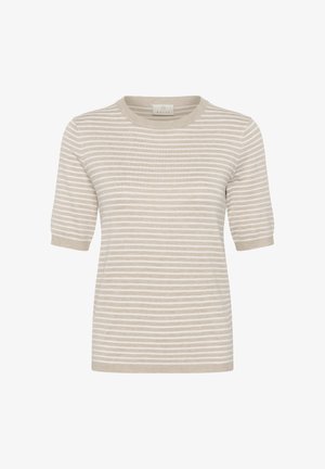 Haut en maille à manches courtes, rayé horizontalement beige et blanc, avec col rond et poignets côtelés, de la marque Kaffe.