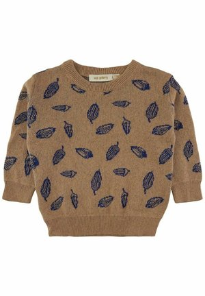 Brauner Pullover für Kleinkinder mit marineblauen Blattmustern, langen Ärmeln und gerippten Bündchen und Saum.