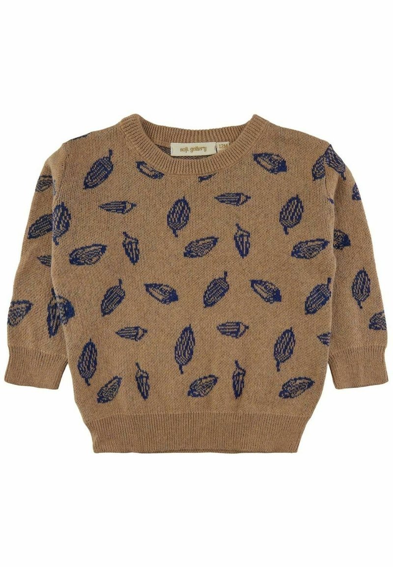 Pull marron pour tout-petit avec motifs de feuilles bleu marine, manches longues et poignets et ourlet côtelés.