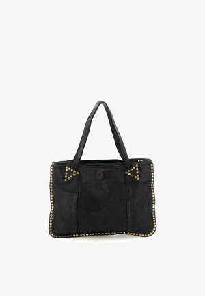 Borsa tote in pelle nera con doppi manici, decorata con borchie dorate lungo i bordi e accenti triangolari vicino alle basi dei manici.
