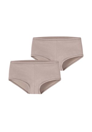 Due paia di mutandine boyshorts in cotone beige con una texture liscia, caratterizzate da un design semplice e senza motivi o decorazioni visibili.