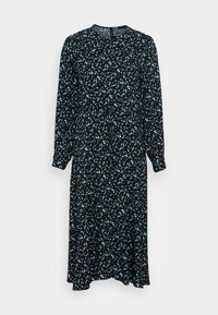 Vestido preto floral com mangas longas, decote redondo e uma silhueta fluida com pequenos padrões de flores azuis e rosas. Textura de tecido suave.