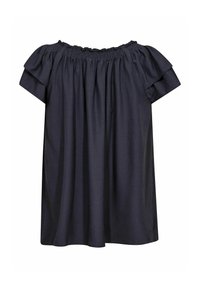 Blusa blu scuro a spalle scoperte con maniche corte a palloncino, scollatura arricciata, vestibilità comoda e texture del tessuto liscia.