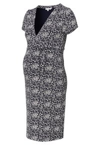 Robe de maternité noire à manches courtes, imprimé floral blanc, col en V et ceinture à la taille, longueur genou.
