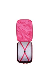 Maleta rígida rosa con cierre de cremallera, que presenta un interior con un patrón ligero y correas elásticas cruzadas para asegurar el contenido.