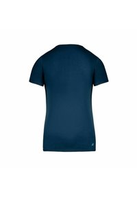 Camiseta de algodón azul marino con mangas cortas, cuello redondo, textura suave y un pequeño logo cerca del dobladillo.