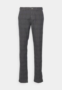 Šedé kostkované kalhoty vyrobené z tkané látky, s plochým předním dílem, poutky na opasek a dvěma bočními kapsami pro elegantní vzhled.