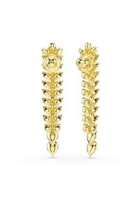 Zlaté náušnice s dizajnom pripomínajúcim list, s precíznymi detailmi a lešteným povrchom, zužujúce sa do srdcovitého konca.