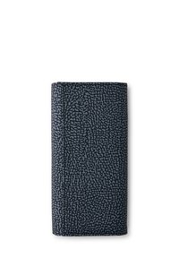 Dark blue wallet with textured surface, featuring a pattern of small dots. The wallet has a rectangular shape and stitched edges.