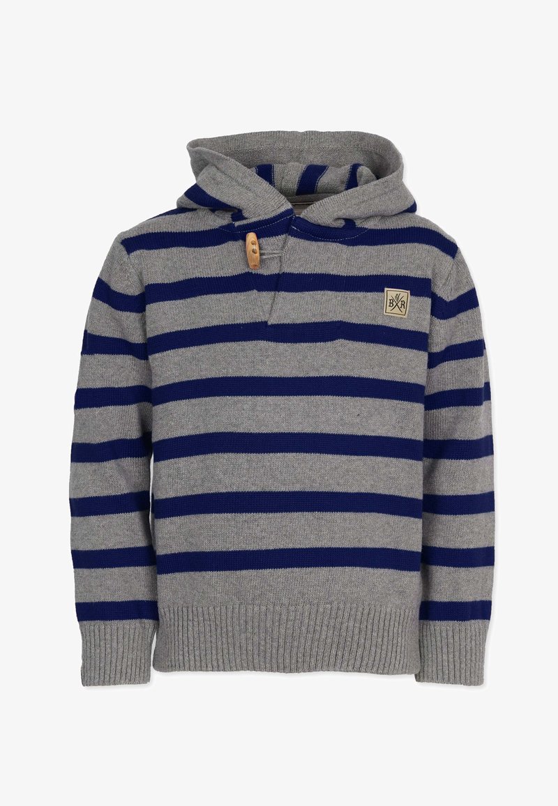 Grauer Kapuzenpullover mit blauen horizontalen Streifen, gerippten Bündchen und Saum sowie einem Holzknopf-Akzent am Kragen. Markenpatch auf der Brust.