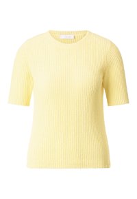 Maglione giallo a maniche corte con texture a coste, dotato di scollatura rotonda e forma aderente, realizzato in un materiale lavorato a maglia morbido.