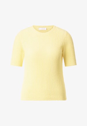 Suéter amarillo de manga corta con textura de canalé, con un cuello redondo y una forma ajustada, confeccionado en un material de punto suave.