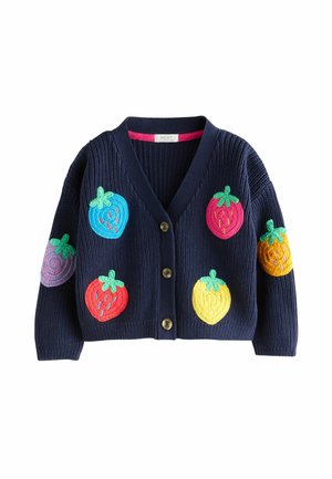 Navy blue knitted cardigan with button front, decorated with large colorful embroidered strawberries in blue, pink, red, yellow, purple, and orange.