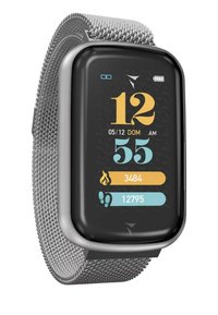 Smartwatch con uno schermo touch rettangolare nero, cinturino in metallo silver a rete, che mostra ora, data, passi e calorie bruciate.