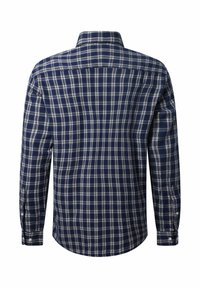 Navyblau und weiß kariertes Button-Up-Hemd mit langen Ärmeln und klassischem Kragen. Verfügt über sichtbare Nähte und Manschetten mit Knöpfen.